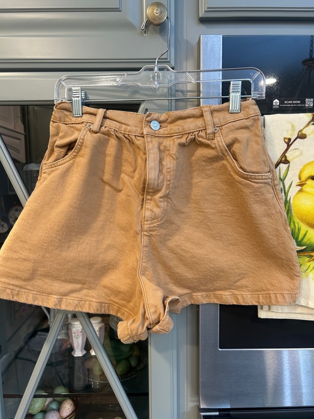 Maje Caramel Tan High-Rise Cotton Jean Shorts French 2